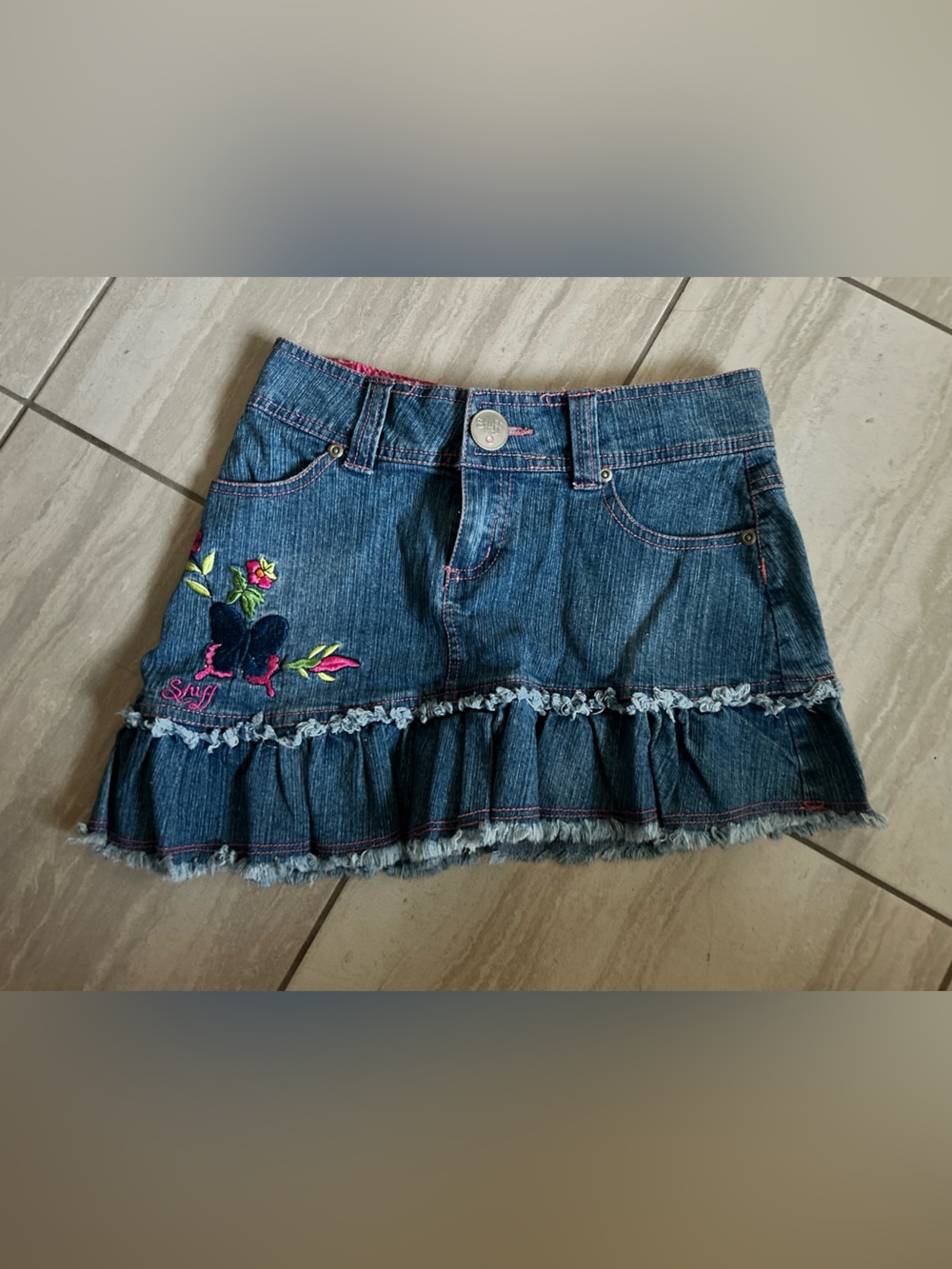 Y2K 2004 Stuff by Hilary Duff Ruffled Mini denim Skirt with Floral Embroidery -8